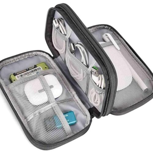 SaleOn 8.3x5 Inch Portable Storage Organizer Bag USB Cable, Earphone, Power Bank, Mobile Charger, Hard Disk & Digital Gadgets with Mesh, Dual Zippers & Elastic Loops, Inside Color May Vary