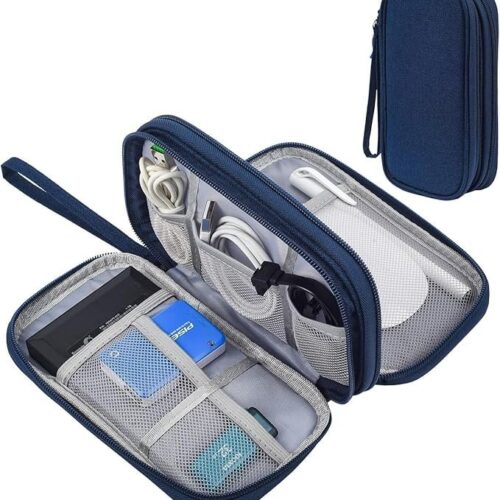 SaleOn 8.3X5 Inch Portable Storage Organizer Bag USB Cable, Earphone, Power Bank, Mobile Charger, Hard Disk & Digital Gadgets with Mesh, Dual Zippers & Elastic Loops, Inside Color May Vary- Navy Blue