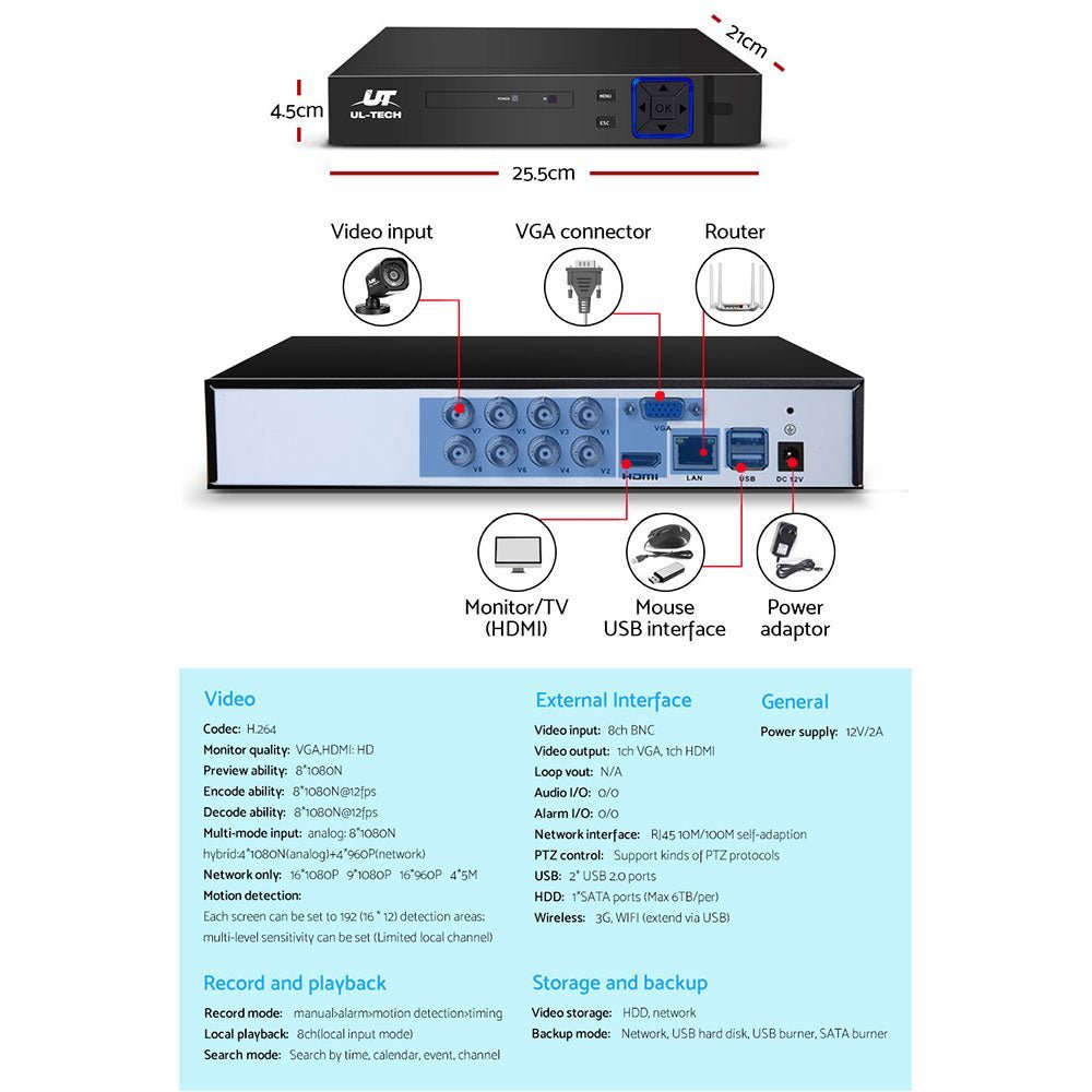 NNEDSZ -8CH 5 IN 1 DVR CCTV Security System Video Recorder /w 8 Cameras 1080P HDMI Black - Image 3